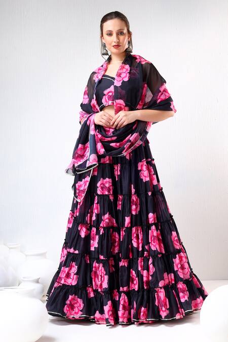 Pomcha Jaipur Black Organza, Cotton Gota Patti, Embroidery Floral Print Blouse Lehenga Set at Aza Fashions Pomcha Jaipur_Black Organza, Cotton Gota Patti, Embroidery Floral Print Blouse Lehenga Set _at_Aza_Fashions