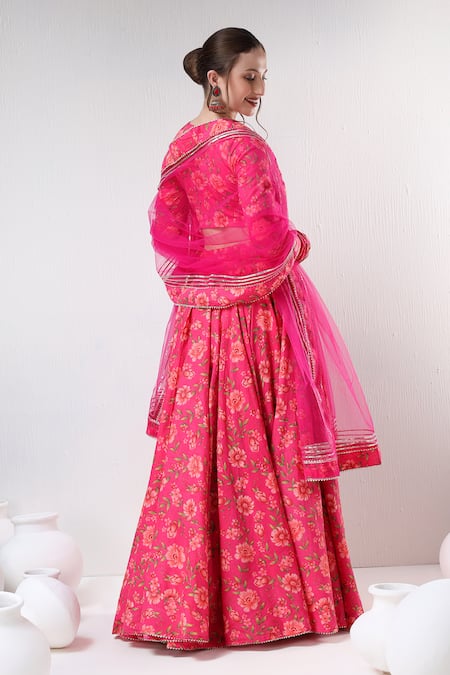 Pomcha Jaipur Pink Cotton, Organza Embroidery, Gota Patti Floral Pattern Blouse Lehenga Set Online at Aza Fashions Pomcha Jaipur_Pink Cotton, Organza Embroidery, Gota Patti Floral Pattern Blouse Lehenga Set _Online_at_Aza_Fashions