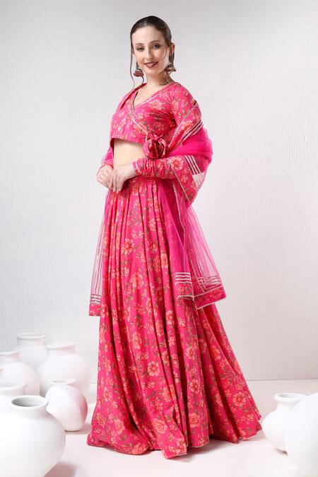 Shop Pomcha Jaipur Pink Cotton, Organza Embroidery, Gota Patti Floral Pattern Blouse Lehenga Set Online at Aza Fashions Shop_Pomcha Jaipur_Pink Cotton, Organza Embroidery, Gota Patti Floral Pattern Blouse Lehenga Set _Online_at_Aza_Fashions