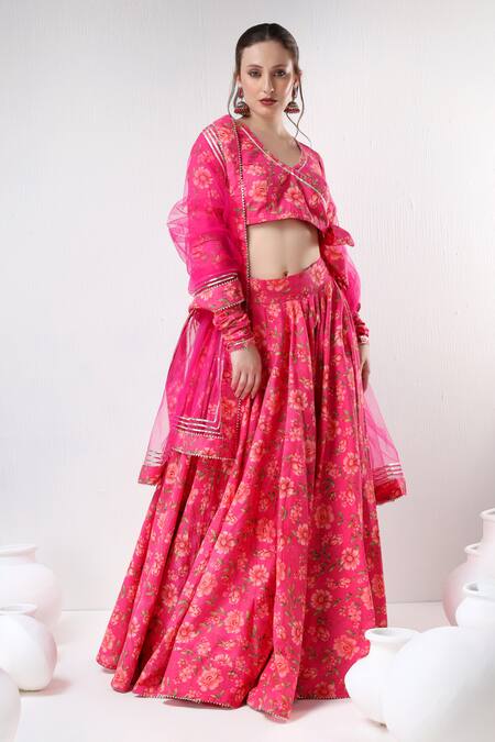 Pomcha Jaipur Pink Cotton, Organza Embroidery, Gota Patti Floral Pattern Blouse Lehenga Set at Aza Fashions Pomcha Jaipur_Pink Cotton, Organza Embroidery, Gota Patti Floral Pattern Blouse Lehenga Set _at_Aza_Fashions