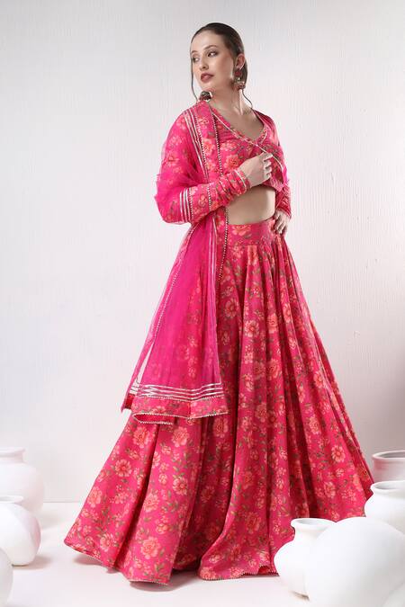 Buy Pomcha Jaipur Pink Cotton, Organza Embroidery, Gota Patti Floral Pattern Blouse Lehenga Set Buy_Pomcha Jaipur_Pink Cotton, Organza Embroidery, Gota Patti Floral Pattern Blouse Lehenga Set