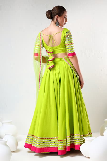Pomcha Jaipur_Green Cotton, Net Gota Patti Round Neck Lace Embroidered Lehenga Set _Online_at_Aza_Fashions