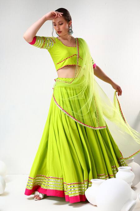 Buy_Pomcha Jaipur_Green Cotton, Net Gota Patti Round Neck Lace Embroidered Lehenga Set _Online_at_Aza_Fashions