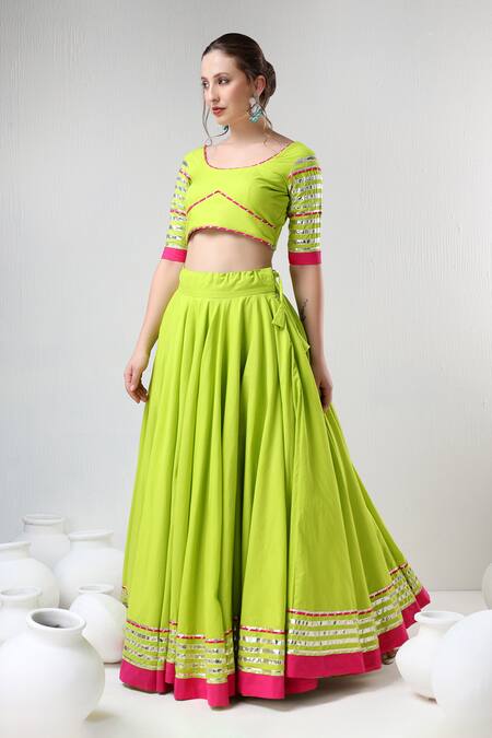 Shop_Pomcha Jaipur_Green Cotton, Net Gota Patti Round Neck Lace Embroidered Lehenga Set _Online_at_Aza_Fashions