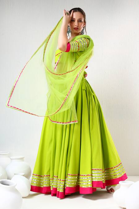 Pomcha Jaipur_Green Cotton, Net Gota Patti Round Neck Lace Embroidered Lehenga Set _at_Aza_Fashions