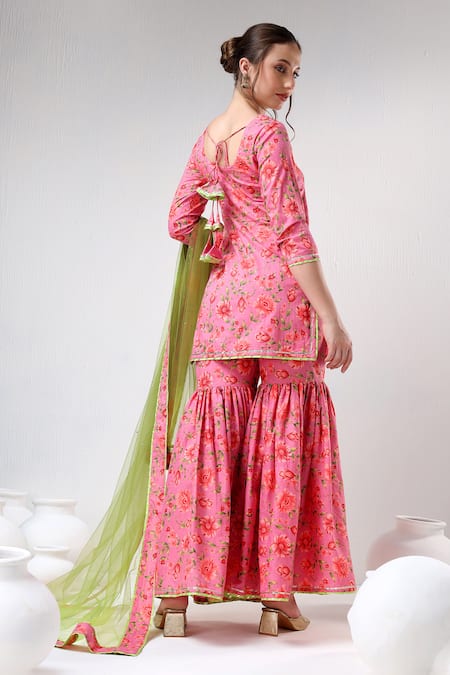 Pomcha Jaipur Pink Cotton, Net Embroidery, Gota Patti Round Floral Print Kurta Sharara Set Online at Aza Fashions Pomcha Jaipur_Pink Cotton, Net Embroidery, Gota Patti Round Floral Print Kurta Sharara Set _Online_at_Aza_Fashions
