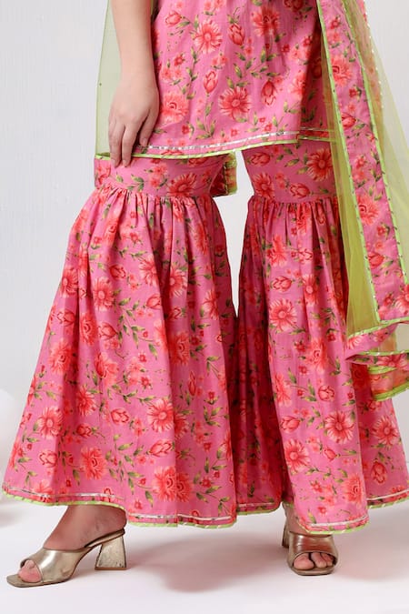 Buy Pomcha Jaipur Pink Cotton, Net Embroidery, Gota Patti Round Floral Print Kurta Sharara Set Online at Aza Fashions Buy_Pomcha Jaipur_Pink Cotton, Net Embroidery, Gota Patti Round Floral Print Kurta Sharara Set _Online_at_Aza_Fashions