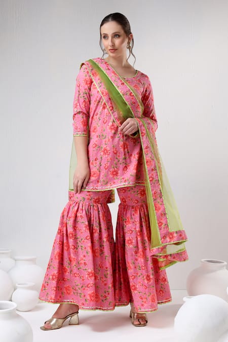 Shop Pomcha Jaipur Pink Cotton, Net Embroidery, Gota Patti Round Floral Print Kurta Sharara Set Online at Aza Fashions Shop_Pomcha Jaipur_Pink Cotton, Net Embroidery, Gota Patti Round Floral Print Kurta Sharara Set _Online_at_Aza_Fashions