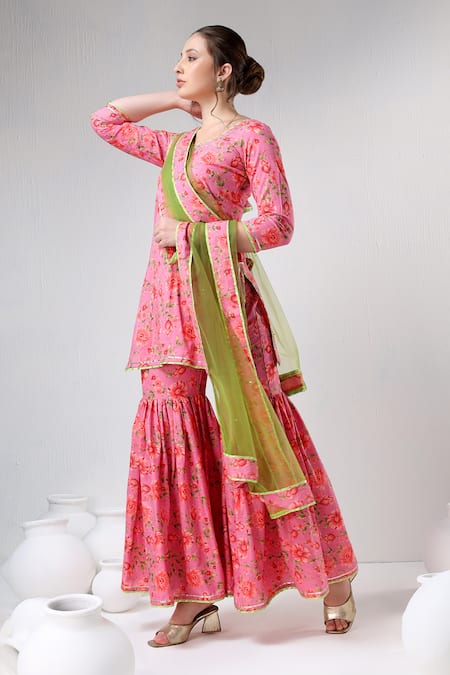 Pomcha Jaipur Pink Cotton, Net Embroidery, Gota Patti Round Floral Print Kurta Sharara Set at Aza Fashions Pomcha Jaipur_Pink Cotton, Net Embroidery, Gota Patti Round Floral Print Kurta Sharara Set _at_Aza_Fashions