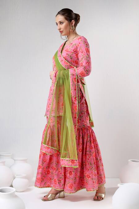 Buy Pomcha Jaipur Pink Cotton, Net Embroidery, Gota Patti Round Floral Print Kurta Sharara Set Buy_Pomcha Jaipur_Pink Cotton, Net Embroidery, Gota Patti Round Floral Print Kurta Sharara Set