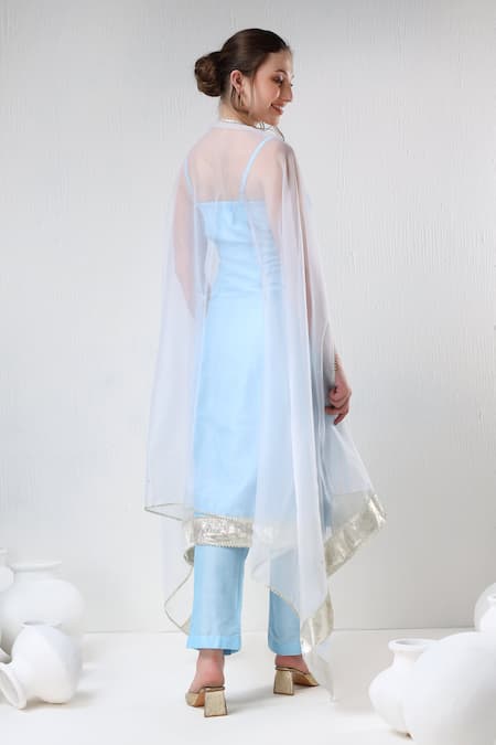 Pomcha Jaipur_Blue Cotton, Silk, Organza Gota Patti Sweetheart Neck Kurta Pant Set _Online_at_Aza_Fashions