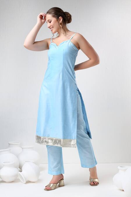 Buy_Pomcha Jaipur_Blue Cotton, Silk, Organza Gota Patti Sweetheart Neck Kurta Pant Set _Online_at_Aza_Fashions