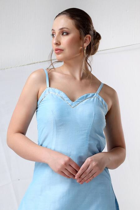 Shop_Pomcha Jaipur_Blue Cotton, Silk, Organza Gota Patti Sweetheart Neck Kurta Pant Set _Online_at_Aza_Fashions