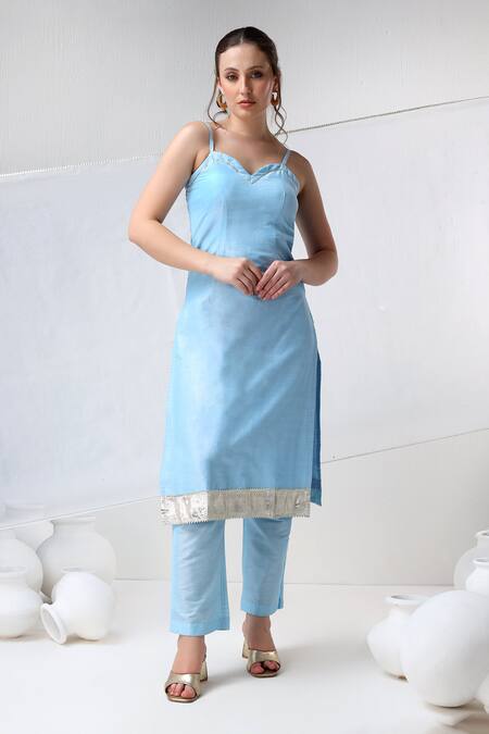 Pomcha Jaipur_Blue Cotton, Silk, Organza Gota Patti Sweetheart Neck Kurta Pant Set _at_Aza_Fashions