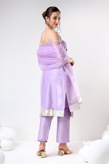 Pomcha Jaipur_Purple Cotton, Silk, Organza Gota Patti Sweetheart Neck Straight Kurta Pant Set _Online_at_Aza_Fashions
