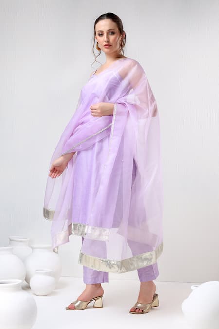 Buy_Pomcha Jaipur_Purple Cotton, Silk, Organza Gota Patti Sweetheart Neck Straight Kurta Pant Set _Online_at_Aza_Fashions