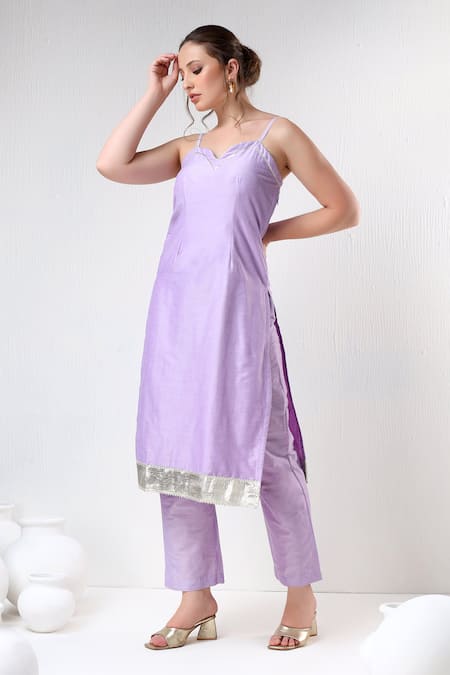 Shop_Pomcha Jaipur_Purple Cotton, Silk, Organza Gota Patti Sweetheart Neck Straight Kurta Pant Set _Online_at_Aza_Fashions