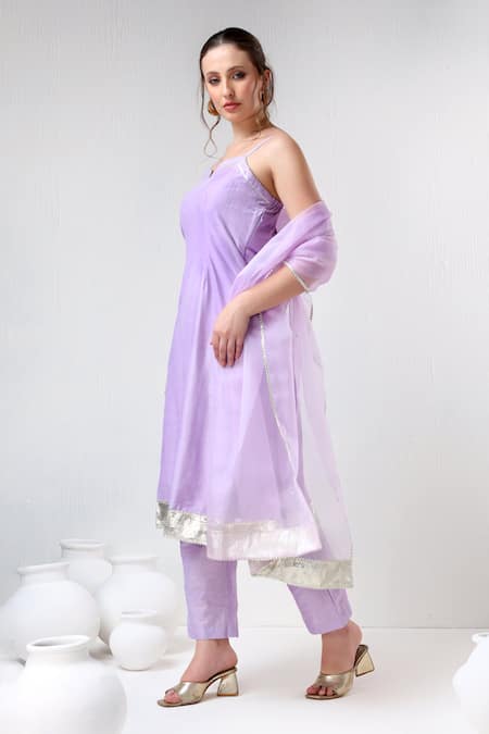 Pomcha Jaipur_Purple Cotton, Silk, Organza Gota Patti Sweetheart Neck Straight Kurta Pant Set _at_Aza_Fashions