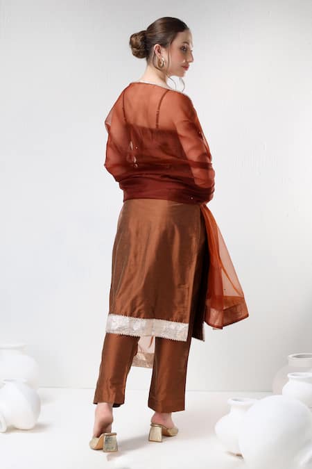 Pomcha Jaipur Brown Cotton, Silk, Organza Gota Patti Sweetheart Neck Straight Kurta Pant Set Online at Aza Fashions Pomcha Jaipur_Brown Cotton, Silk, Organza Gota Patti Sweetheart Neck Straight Kurta Pant Set _Online_at_Aza_Fashions