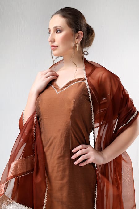Pomcha Jaipur Brown Cotton, Silk, Organza Gota Patti Sweetheart Neck Straight Kurta Pant Set at Aza Fashions Pomcha Jaipur_Brown Cotton, Silk, Organza Gota Patti Sweetheart Neck Straight Kurta Pant Set _at_Aza_Fashions