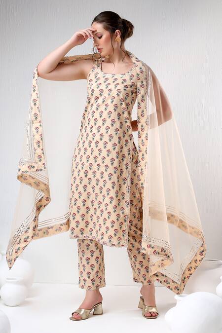 Buy Pomcha Jaipur Beige Cotton, Net Embroidery Scoop Neck Floral Print Kurta Pant Set Online at Aza Fashions Buy_Pomcha Jaipur_Beige Cotton, Net Embroidery Scoop Neck Floral Print Kurta Pant Set _Online_at_Aza_Fashions