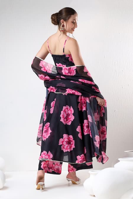 Pomcha Jaipur Black Organza, Cotton Sweetheart Neck Floral Print Anarkali Pant Set Online at Aza Fashions Pomcha Jaipur_Black Organza, Cotton Sweetheart Neck Floral Print Anarkali Pant Set _Online_at_Aza_Fashions