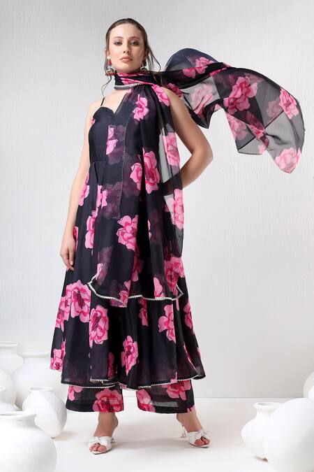 Shop Pomcha Jaipur Black Organza, Cotton Sweetheart Neck Floral Print Anarkali Pant Set Online at Aza Fashions Shop_Pomcha Jaipur_Black Organza, Cotton Sweetheart Neck Floral Print Anarkali Pant Set _Online_at_Aza_Fashions