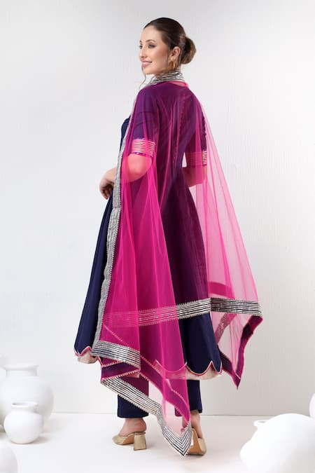 Pomcha Jaipur_Blue Cotton, Silk, Net Gota Patti V-neck Anarkali Pant Set _Online_at_Aza_Fashions