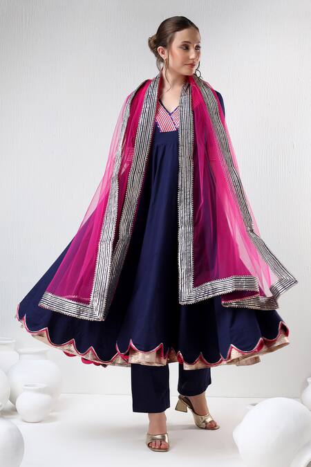 Buy_Pomcha Jaipur_Blue Cotton, Silk, Net Gota Patti V-neck Anarkali Pant Set _Online_at_Aza_Fashions