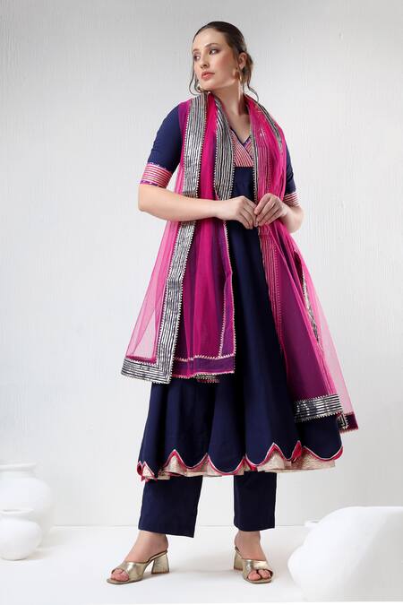 Shop_Pomcha Jaipur_Blue Cotton, Silk, Net Gota Patti V-neck Anarkali Pant Set _Online_at_Aza_Fashions