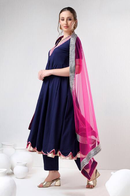Pomcha Jaipur_Blue Cotton, Silk, Net Gota Patti V-neck Anarkali Pant Set _at_Aza_Fashions