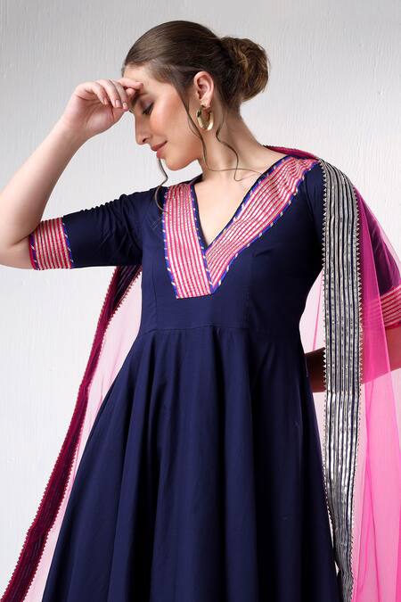 Buy_Pomcha Jaipur_Blue Cotton, Silk, Net Gota Patti V-neck Anarkali Pant Set 