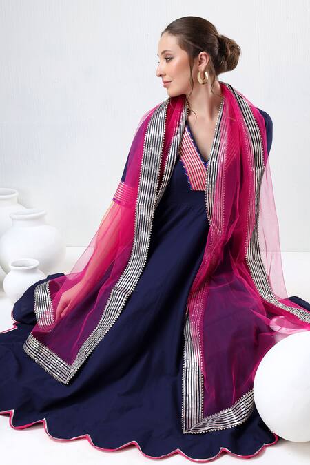 Shop_Pomcha Jaipur_Blue Cotton, Silk, Net Gota Patti V-neck Anarkali Pant Set 