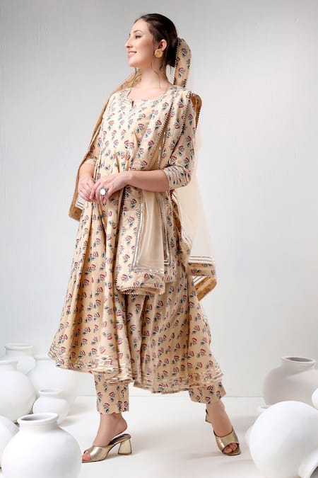 Buy Pomcha Jaipur Beige Cotton, Net Round Neck Floral Bloom Print Anarkali Pant Set Online at Aza Fashions Buy_Pomcha Jaipur_Beige Cotton, Net Round Neck Floral Bloom Print Anarkali Pant Set _Online_at_Aza_Fashions