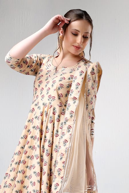 Shop Pomcha Jaipur Beige Cotton, Net Round Neck Floral Bloom Print Anarkali Pant Set Online at Aza Fashions Shop_Pomcha Jaipur_Beige Cotton, Net Round Neck Floral Bloom Print Anarkali Pant Set _Online_at_Aza_Fashions