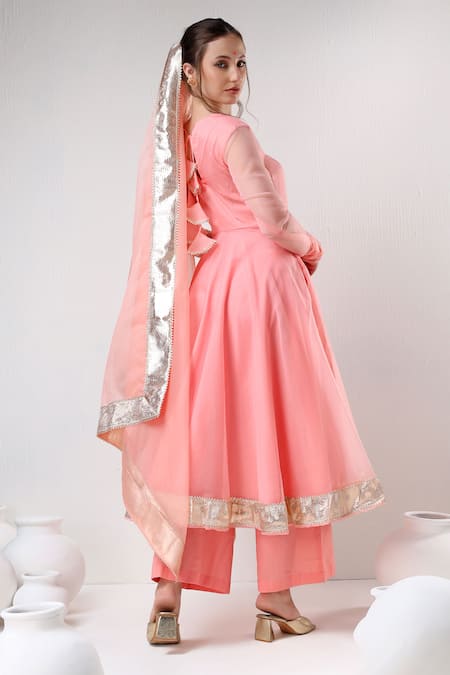 Pomcha Jaipur Peach Organza, Cotton Gota Patti V-neck Placement Panel Anarkali Pant Set Online at Aza Fashions Pomcha Jaipur_Peach Organza, Cotton Gota Patti V-neck Placement Panel Anarkali Pant Set _Online_at_Aza_Fashions