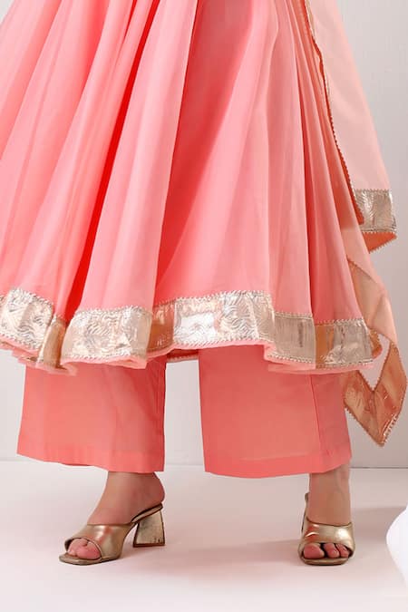 Buy Pomcha Jaipur Peach Organza, Cotton Gota Patti V-neck Placement Panel Anarkali Pant Set Online at Aza Fashions Buy_Pomcha Jaipur_Peach Organza, Cotton Gota Patti V-neck Placement Panel Anarkali Pant Set _Online_at_Aza_Fashions
