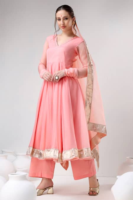 Shop Pomcha Jaipur Peach Organza, Cotton Gota Patti V-neck Placement Panel Anarkali Pant Set Online at Aza Fashions Shop_Pomcha Jaipur_Peach Organza, Cotton Gota Patti V-neck Placement Panel Anarkali Pant Set _Online_at_Aza_Fashions