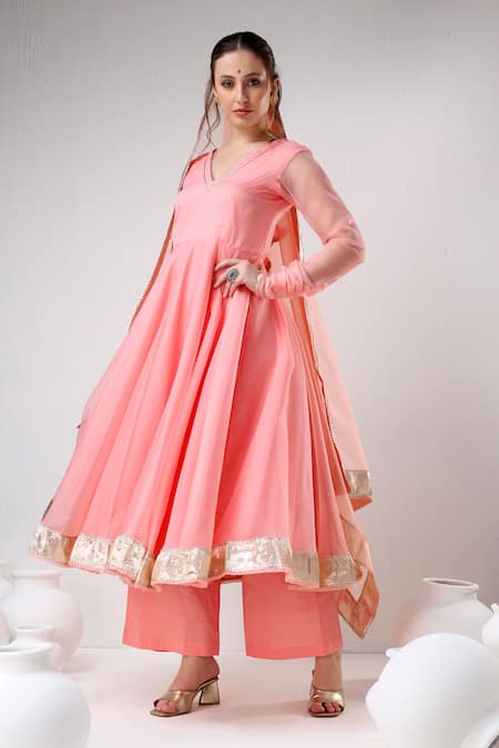 Pomcha Jaipur Peach Organza, Cotton Gota Patti V-neck Placement Panel Anarkali Pant Set at Aza Fashions Pomcha Jaipur_Peach Organza, Cotton Gota Patti V-neck Placement Panel Anarkali Pant Set _at_Aza_Fashions