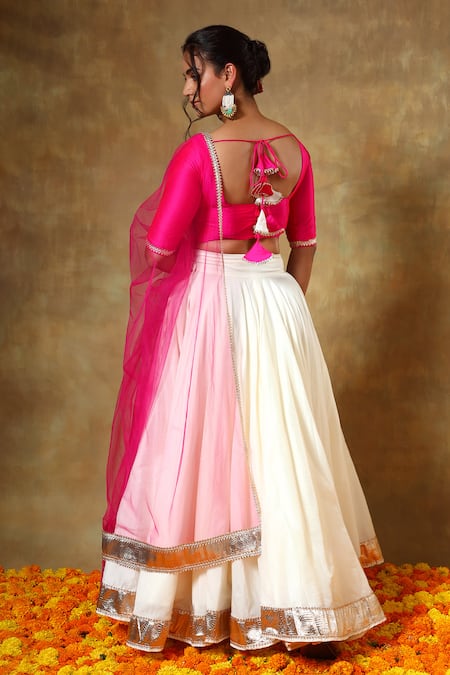 Pomcha Jaipur_Pink Taffeta, Cotton, Silk, Net Lace Asymmetric Trim Detailed Blouse Lehenga Set _Online_at_Aza_Fashions