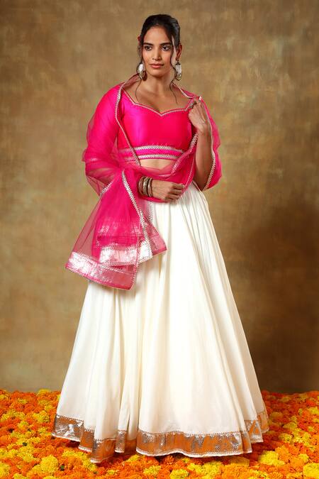 Buy_Pomcha Jaipur_Pink Taffeta, Cotton, Silk, Net Lace Asymmetric Trim Detailed Blouse Lehenga Set _Online_at_Aza_Fashions