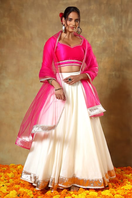 Shop_Pomcha Jaipur_Pink Taffeta, Cotton, Silk, Net Lace Asymmetric Trim Detailed Blouse Lehenga Set _Online_at_Aza_Fashions