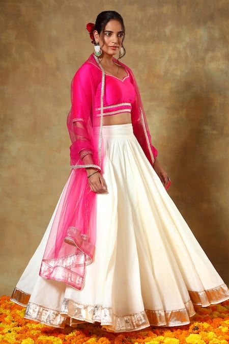 Pomcha Jaipur_Pink Taffeta, Cotton, Silk, Net Lace Asymmetric Trim Detailed Blouse Lehenga Set _at_Aza_Fashions