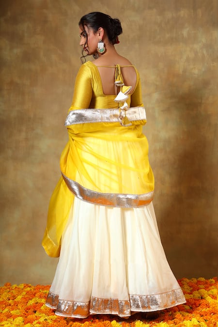 Pomcha Jaipur Yellow Off White Silk Lehenga Set 