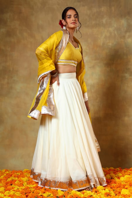 Shop_Pomcha Jaipur_Yellow Cotton, Silk, Organza Lace Off White Lehenga Set _Online_at_Aza_Fashions