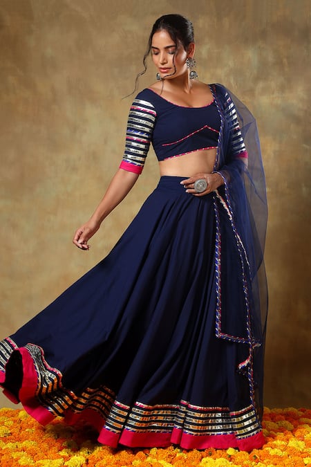 Shop_Pomcha Jaipur_Blue Cotton, Net Gota Patti, Lace, Embroidery Scoop Neck Lehenga Set _Online_at_Aza_Fashions
