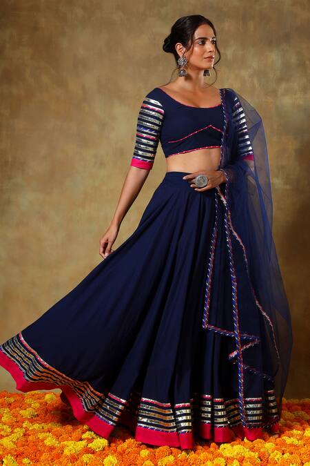 Pomcha Jaipur_Blue Cotton, Net Gota Patti, Lace, Embroidery Scoop Neck Lehenga Set _at_Aza_Fashions