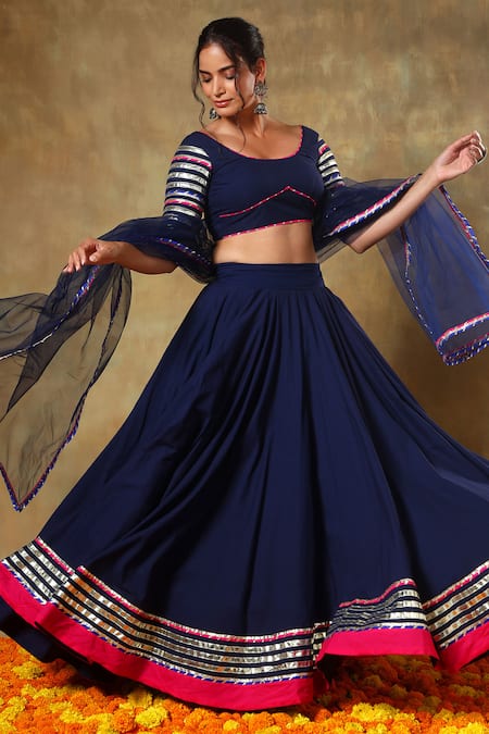 Buy_Pomcha Jaipur_Blue Cotton, Net Gota Patti, Lace, Embroidery Scoop Neck Lehenga Set 