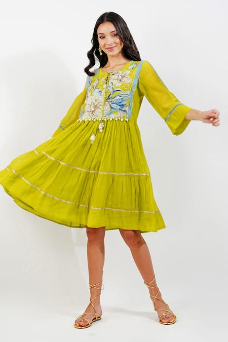 Devyani Mehrotra Green Chanderi 40 Gms Printed Floral Keyhole Yoke Dress 