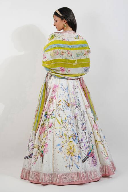 Shop Devyani Mehrotra Ivory Silk, Chiffon Sequins, Beads, Embroidery Summer Floral Print Lehenga Set at Aza Fashions Shop_Devyani Mehrotra_Ivory Silk, Chiffon Sequins, Beads, Embroidery Summer Floral Print Lehenga Set_at_Aza_Fashions